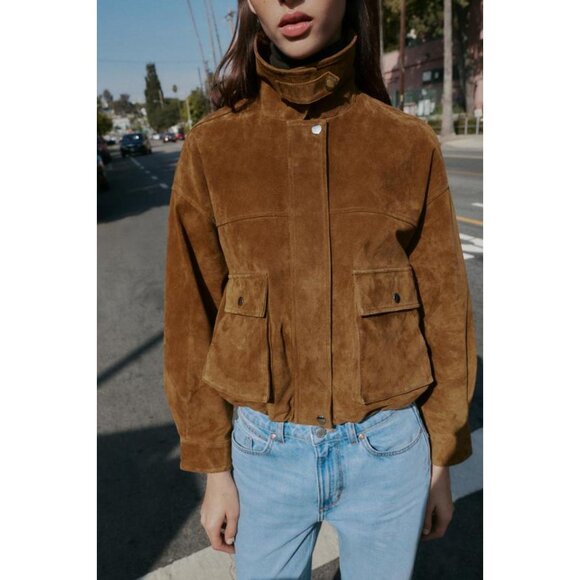 ZARA 100% LEATHER BOMBER JACKET - Picture 4 of 11